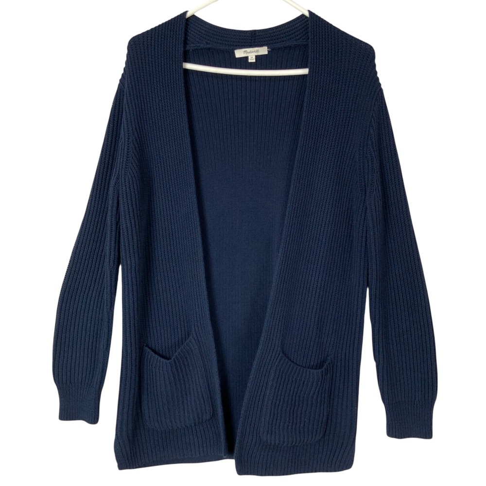 Madewell Navy Blue Ribbed Knit Cardigan XS Open Front V-Neck Long Sleeve Pockets